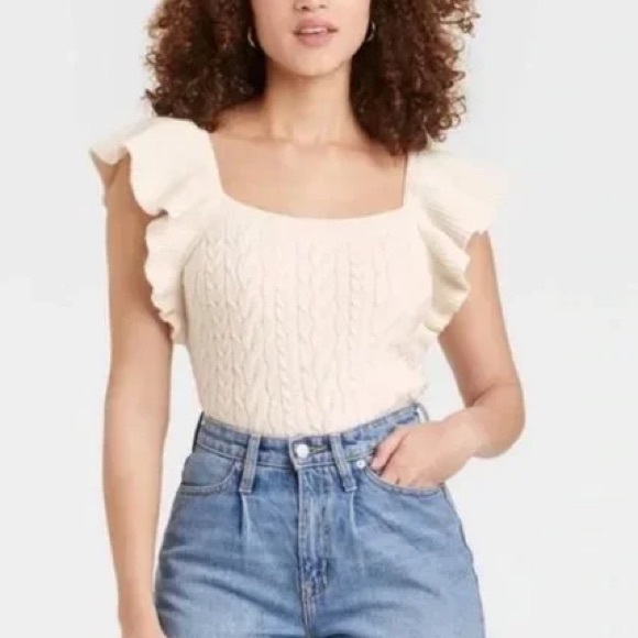A New Day Sleeveless Cable Sweater Flutter Sleeve Top Cream - Picture 2 of 5